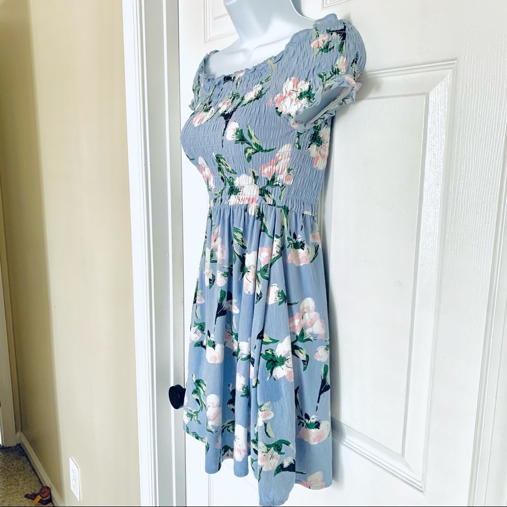 Sky Blue and Blush Pink Flowers Cotton Mini Dress Women’s Sz L - Picture 6 of 10